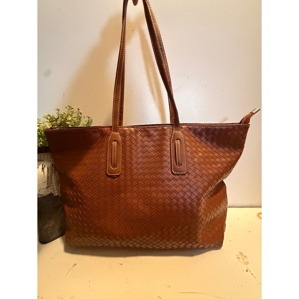 Brown Woven Bag, Vegan Leather Tote Bag Large Summer Beach Travel Handbag NWOT